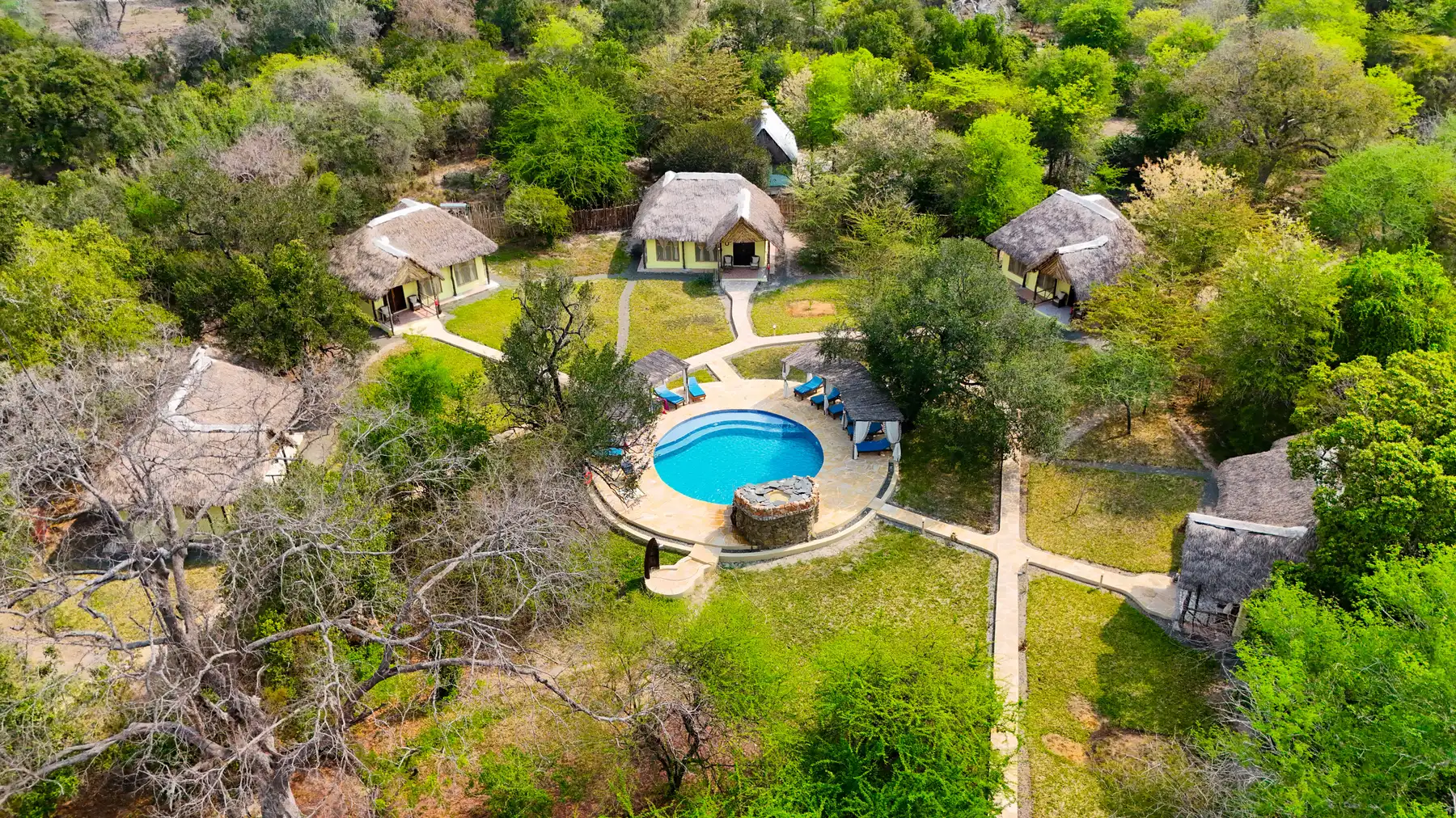 Aerial view of the bandas and pool among the trees