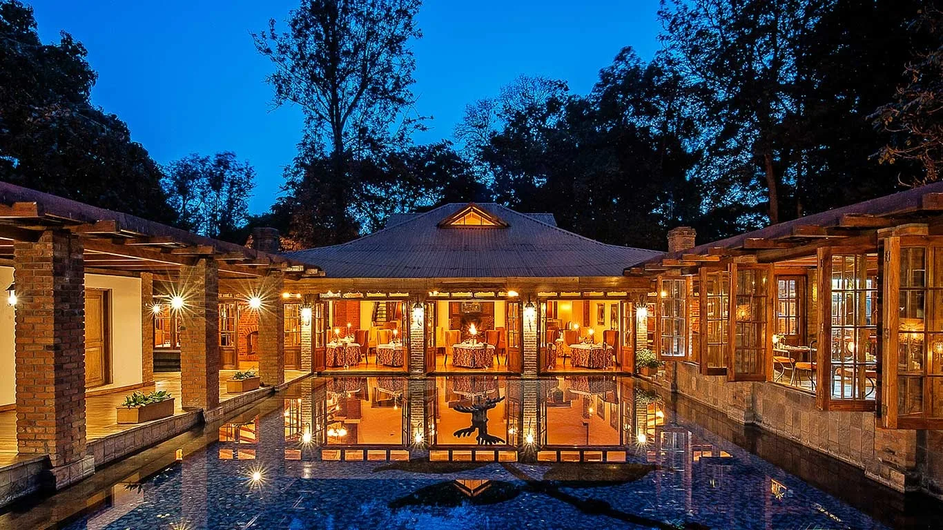 The pool courtyard at dusk