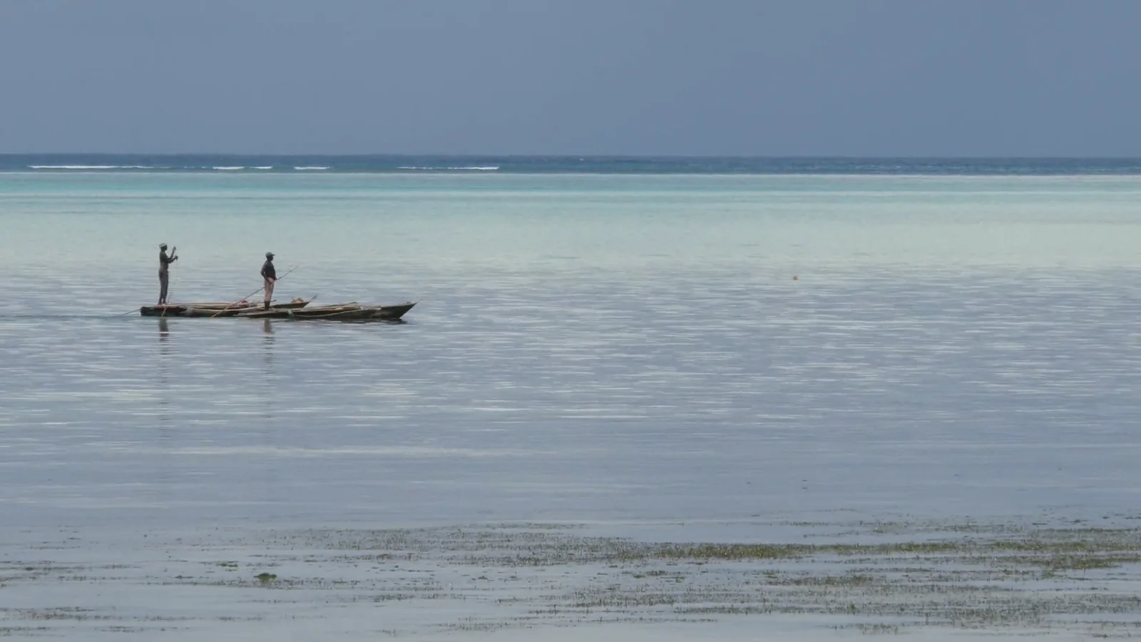 Two fishermen poling a dugout across calm, shallow water off Zanzibar